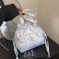 Florale lunchtas met trekkoord, kant en blauw ruitpatroon voor dames handtas - Blauw