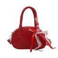 Chic red faux leather handbag with lace trim and bow accent for fashion styling - With Silk Scarf / Red