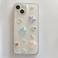 Detail of colorful stars and sparkling rhinestones on a pearlescent iPhone case - Glitter Pearl White Rhinestone Star / iPhone 7/8/SE 2020