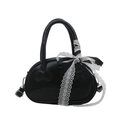 Sac à main ovale noir verni avec nœuds décoratifs et ruban en dentelle blanche - Avec Pendentif / Noir