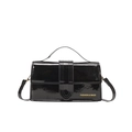 Glossy black patent leather rectangular handbag with top handle and gold logo detail - Black