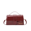 Chic burgundy patent leather square handbag with top handle and gold letter branding - Burgundy