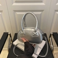Silver metallic semi-circle handbag with bow detail and adjustable shoulder strap - Without Scarf / Silver