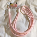 Pink woven phone lanyard with cute cat acrylic clip on white fabric background - No. 23 Piggy Pink Clothed Cat - Braided Rope
