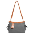 Borsa a tracolla minimalista in tela grigia con finiture in pelle marrone e tasche - Nero