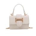 Elegant cream white square handbag with golden buckle and chain strap on white background - White