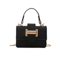 Minimalist black square crossbody bag with gold hardware and chain strap on white background - Black