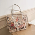 Borsa tote crema con graffiti di orso e motivo monogramma grande capacità - Bianco