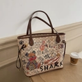 Borsa tote beige con graffiti di orsi e motivo logo con manici in pelle marrone - Marrone