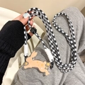 Detail of adjustable black and white checkered woven strap with cute bunny charm - (Set) Running Rabbit - Brown Braided Rope