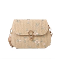 Fashion woven saddle crossbody bag with floral embroidery and golden metal clasp - Khaki