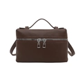Brown pebble leather box handbag with silver zipper and dual carrying straps for women - Brown