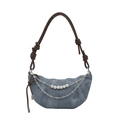 Bolso media luna de mezclilla azul con cadena de perlas y correa marrón de mujer - Azul