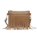 Brown tassel crossbody bag with silver studs and adjustable strap in bohemian style - Khaki