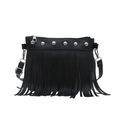 Black leather crossbody bag with long tassels and silver studs in a trendy punk style - Black