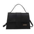 Fashionable black PU leather trapezoid crossbody bag with gold logo and shoulder strap - Black