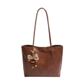 Grand sac cabas en cuir marron vintage minimaliste avec pendentif monstre mignon - Brun (Sans Pendentif)