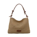 Schicke Stroh-Umhängetasche in Khaki mit braunem Lederknoten-Riemen und Mode-Patch-Detail - Khaki