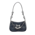 Sac sous le bras en denim bleu avec papillon argenté, perles et bandoulière nouée - Bleu foncé
