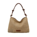 Minimalistische beige gewebte Tragetasche mit braunen PU-Riemen und modischem Lederpatch - Braun