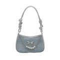 Sac à épaule en jean bleu clair avec nœud argenté et pampilles en perles élégantes - Bleu clair