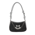 Sac hobo en denim noir avec nœud argenté, chaîne et détails de perles - Noir