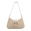 Minimalist beige PU leather shoulder bag with a stylish silver bow metal buckle detail - White