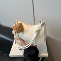 Chic beige half-moon shoulder bag with knot strap and teddy bear charm for women - With Pendant / White