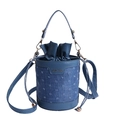 Blue denim texture bucket bag with drawstring closure and golden metal hooks - Blue