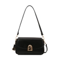 Classic black leather crossbody bag with a gold metal A-shaped buckle on white background - Black
