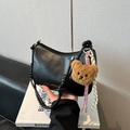 Minimalist black faux leather underarm bag with cute bear charm and tassel - With Pendant / Black