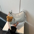 Silver crescent moon shoulder bag with metallic finish and cute brown teddy bear charm - With Pendant / Silver