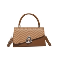 Brown handbag with woven texture lid and silver heart metal buckle on white background - Brown