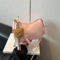 Pink crescent moon underarm bag with cute brown bear charm and knotted strap design - With Pendant / Pink