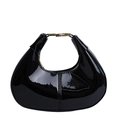 Glossy black patent leather crescent handbag with gold buckle and minimalist stitching - Black