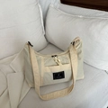 Minimalist beige large capacity nylon tote bag with crescent shape and top zipper closure - White