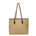 Elegant beige and brown leather tote bag with vertical stitching and double handles - Khaki