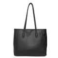 Vintage minimalist black faux leather tote bag with large capacity and slim shoulder straps - Black