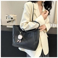 Minimalist black faux leather tote bag with large capacity and cute plush doll pendant - Black With Pendant