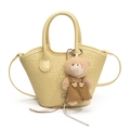 Chic light yellow woven texture bucket bag for women with cute bear charm and shoulder strap - With Pendant / Yellow