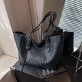 Large black woven tote bag with long shoulder straps and elegant intrecciato texture - Black