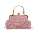 Pink beaded evening clutch with 3D lace flowers, pearl accents and gold metal chain strap - Pink
