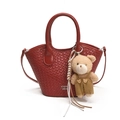Red woven bucket bag with cute bear charm and adjustable crossbody strap for women - With Pendant / Red