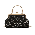 Elegant black evening clutch bag with white pearl floral embroidery and gold handle - Black