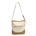 Borsa tote minimalista in tela e pelle con tracolla regolabile su sfondo bianco puro - Bianco & Cachi