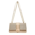 Fashionable beige leather crossbody bag with gold glitter flap and chain strap - Gold