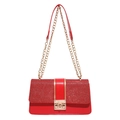 Chic red sequin patchwork crossbody bag with gold chain strap and metal lock - Red