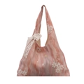 Pink aesthetic tote bag with flower embroidery and lace ribbon bow detail - Pink With Pendant