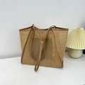 Large capacity straw woven tote bag with brown faux leather trim and slender shoulder straps - Khaki