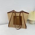 Fashionable woven tote bag in beige with brown leather handles and front pocket - Brown
